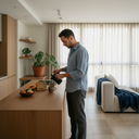 Homem preparando café da manhã em um apartamento em são paulo. Comida e ambiente brasileiro.